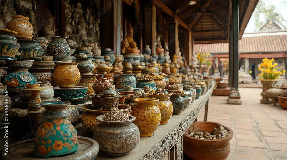 Fototapeta premium Assortment of Ornate Asian Pottery and Jars Displayed in Traditional Covered Market