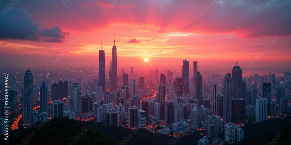 Fototapeta premium A cityscape at sunset, with towering skyscrapers and a vibrant sky