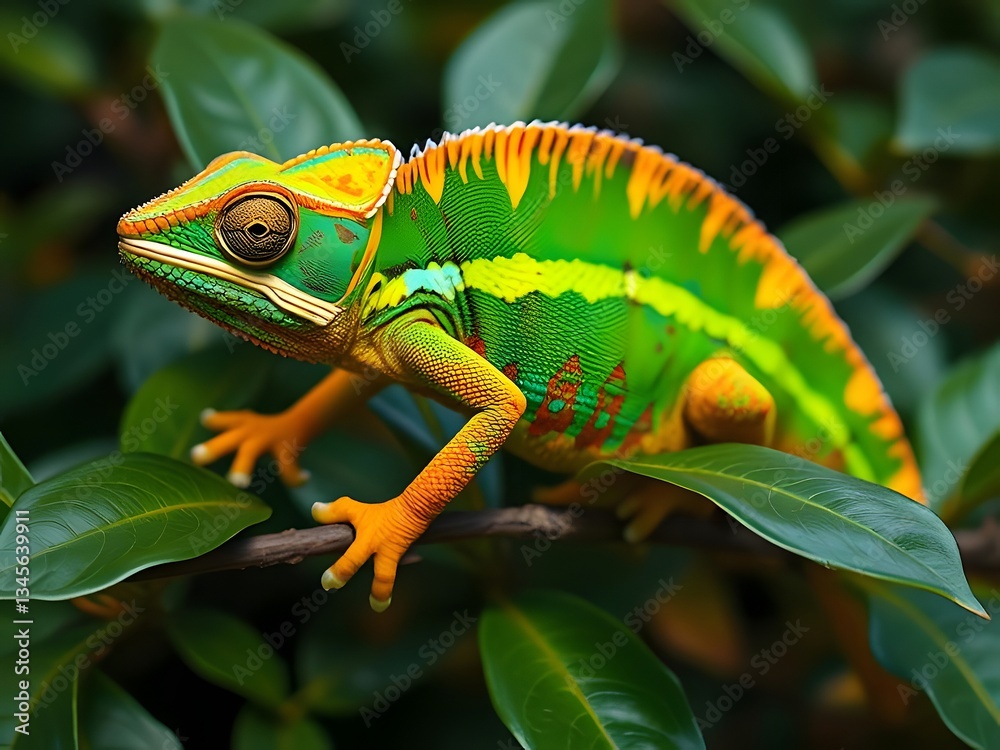 Obraz premium Vibrant Chameleon on a Green Branch - Exotic Reptile, Wildlife, Nature, Camouflage, Beautiful Color, Tropical, Lizard