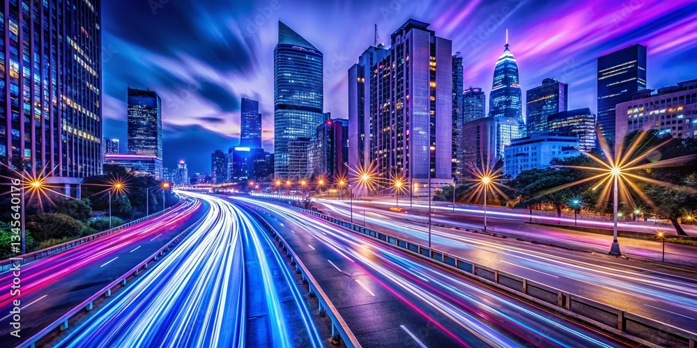 Fototapeta premium Long Exposure City Lights Streaks, Urban Night Photography, Abstract Blurred Cityscape
