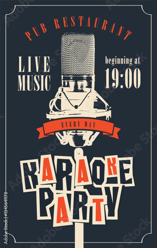 Vector banner or poster of karaoke party for cafe or restaurant with live retro music, with realistic microphone on dark background in vintage style. With inscription and place for text