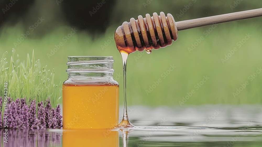 Honey dripping from dipper into jar Honey dripping from dipper into jar