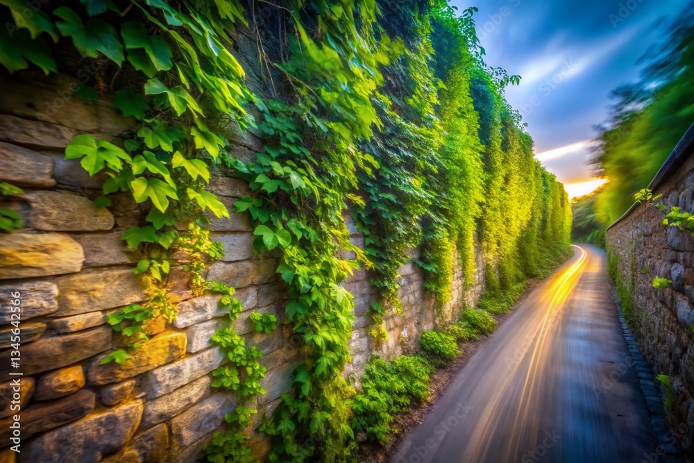 Fototapeta premium Long Exposure Photography: Lush Vines Overgrowing Stone Wall Border