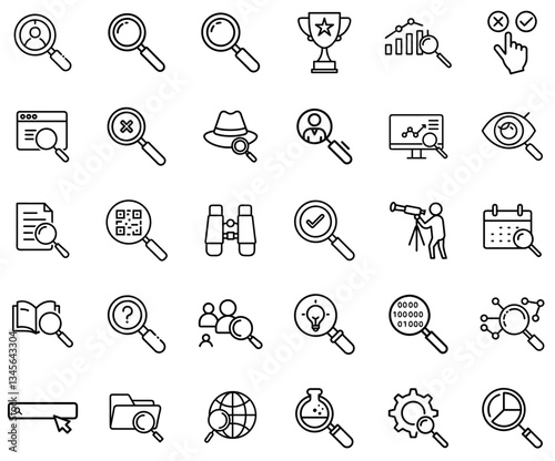 Search and Research Line Icons Set – Investigation, Data Analysis, Magnifying Glass, Web Search, Market Research, Cybersecurity, Fraud Detection, Scientific Exploration, SEO, and Digital Analytics Ico
