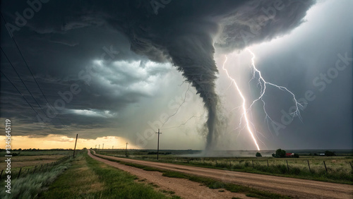 A storm chaser stares into the heart of a colossal tornado, capturing nature’s raw power and human insignificance in the face of the unknown.
