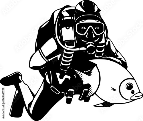 Scuba diving with fish monochrome black and white underwater scene illustration artwork design graphic ocean sea marine life nature diver coral reef sea life deep sea exploration sport adventure trave photo