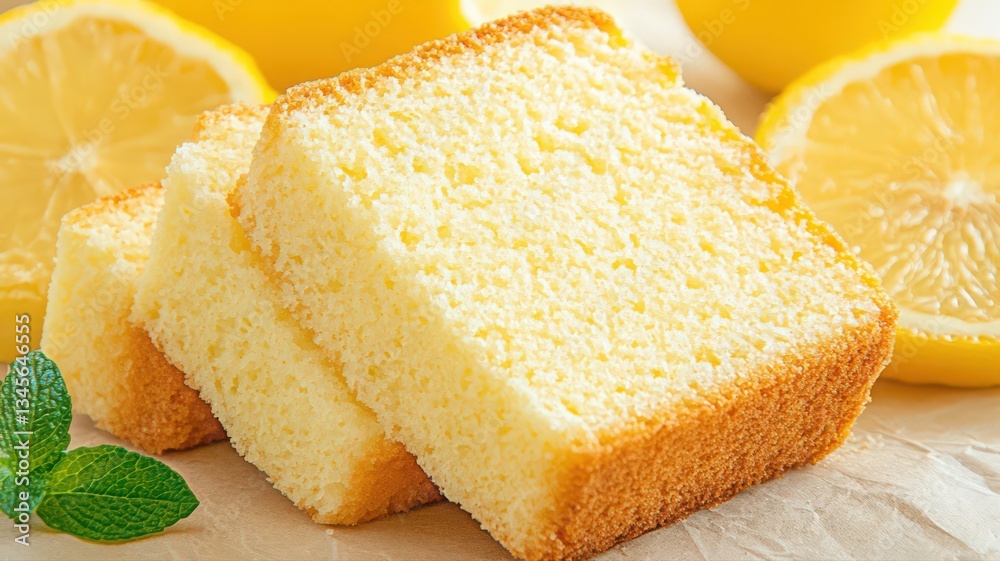 Light Yellow Lemon Cake Slices with Lemons and Mint Light Yellow Lemon Cake Slices with Lemons and Mint