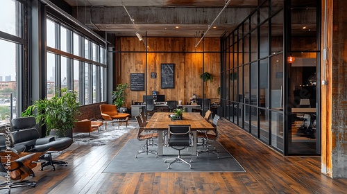 A high-end creative agency loft with an industrial-chic aesthetic, showcasing reclaimed wood accents, modern glass partitions, and a sweeping cityscape seen through oversized windows.