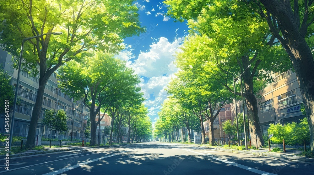 Obraz premium A sunny road stretches between lush trees and buildings
