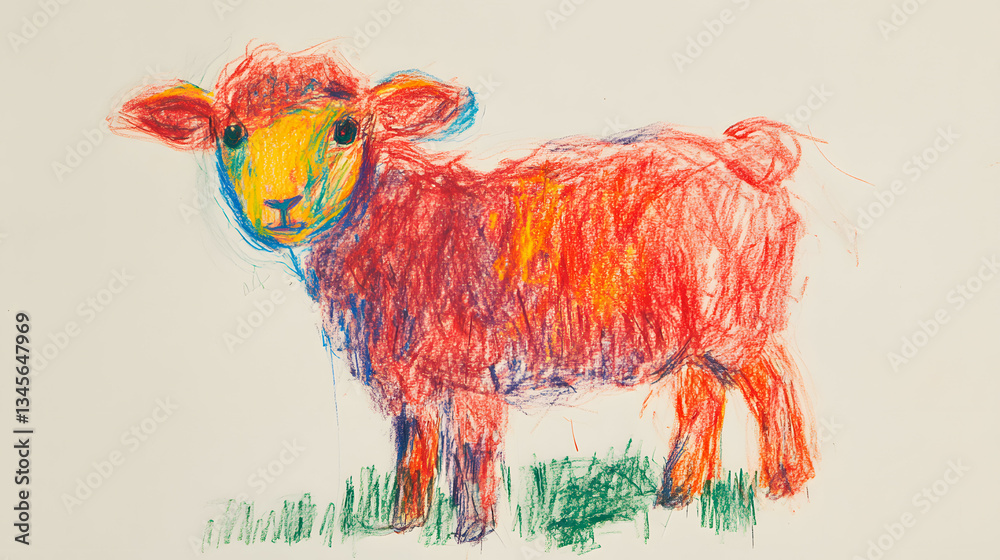 Fototapeta premium A colorful lamb drawn with crayons