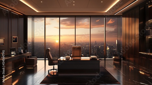 A luxurious law firm office with an open layout, sleek glass partitions, and rich dark wood paneling. Large windows reveal a stunning cityscape at dusk,