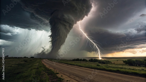 A storm chaser stares into the heart of a colossal tornado, capturing nature’s raw power and human insignificance in the face of the unknown.