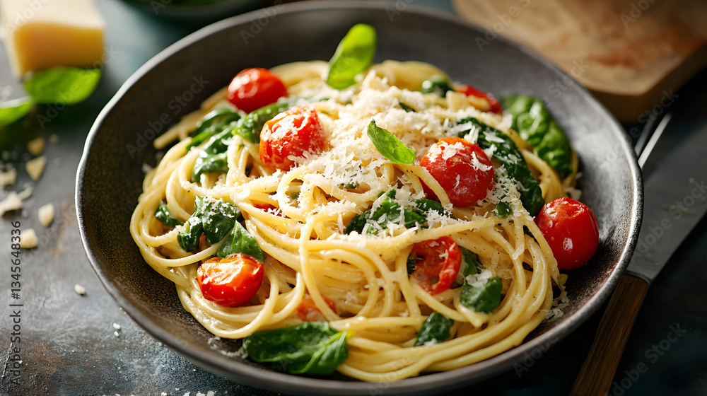 A spinach and roasted tomato pasta with garlic and parmesan cheese. A spinach and roasted tomato pasta with garlic and parmesan cheese.