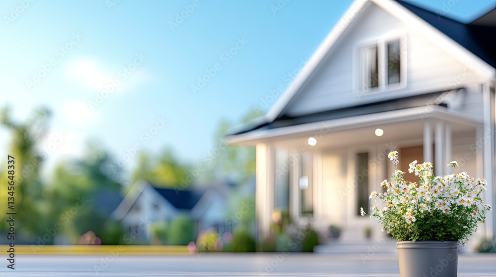 Fototapeta premium Charming suburban home with daisies in foreground, sunny day.