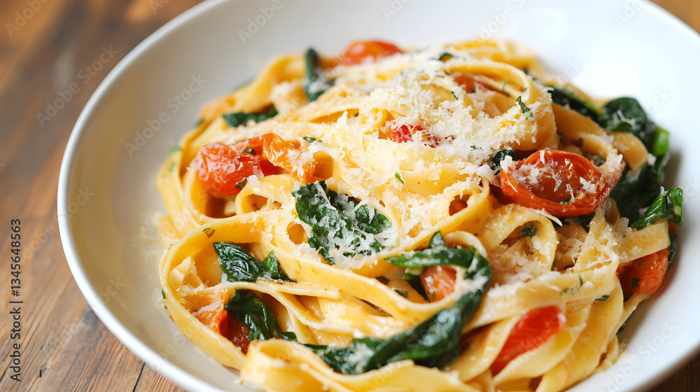 A spinach and roasted tomato pasta with garlic and parmesan cheese. A spinach and roasted tomato pasta with garlic and parmesan cheese.