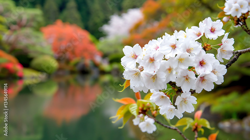 Spring Blossoms Reflecting in Calm Pond