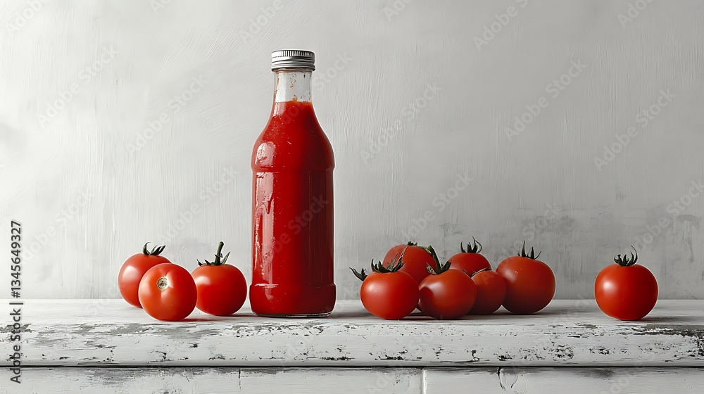 Fresh tomatoes and glass bottle of ketchup on rustic white wooden table for food concept