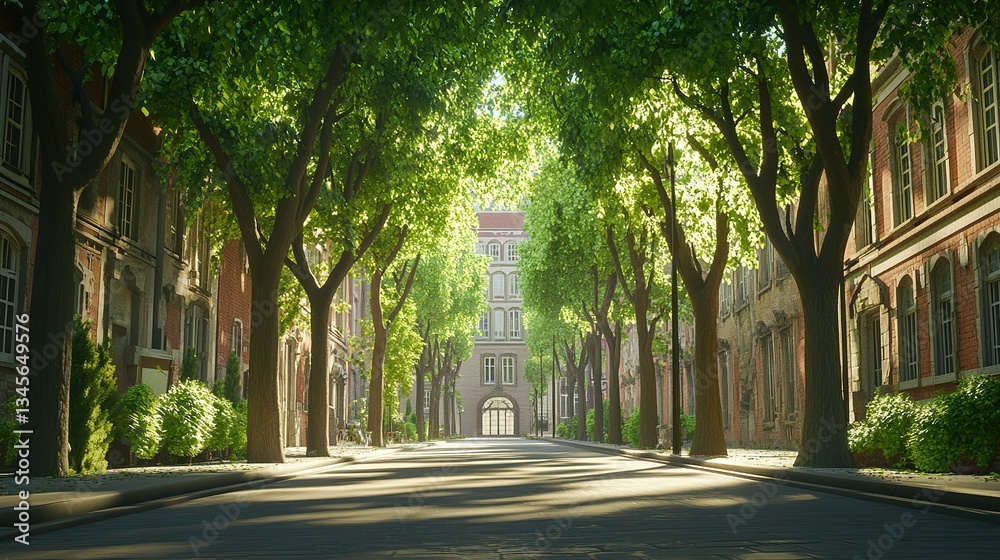 Fototapeta premium A sunlit urban street surrounded by tall trees and buildings