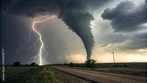 A storm chaser stares into the heart of a colossal tornado, capturing nature’s raw power and human insignificance in the face of the unknown.