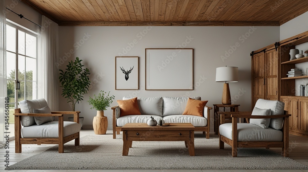 Fototapeta premium Interior living room, white room with wooden furniture