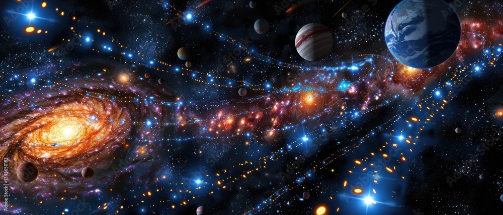 Glowing backup data streams weave through a galaxy forming stars, planets, and nebulae in the cosmic background. Glowing backup data streams weave through a galaxy forming stars, planets, and nebulae in the cosmic background.