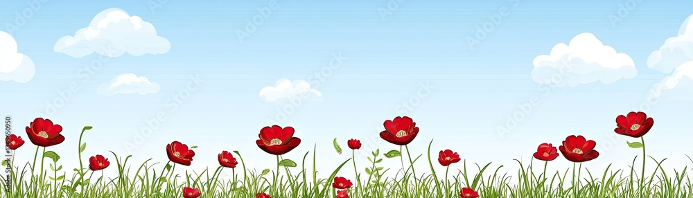 Naklejka premium Red poppies meadow, sunny sky, spring. Nature banner
