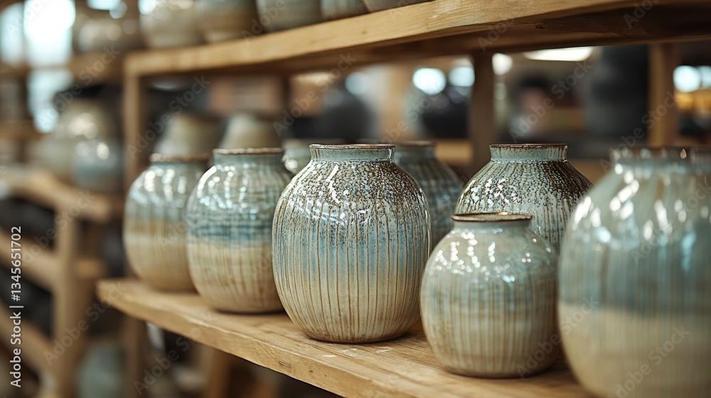 Fototapeta premium Collection of Elegant Ceramic Vases on Wooden Shelves