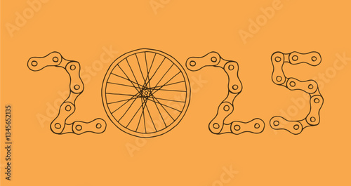 Bicycle Happy New Year 2025 orange background	