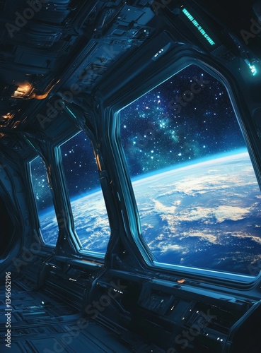 Fototapeta Naklejka Na Ścianę i Meble -  Futuristic spaceship interior with view of Earth (1)