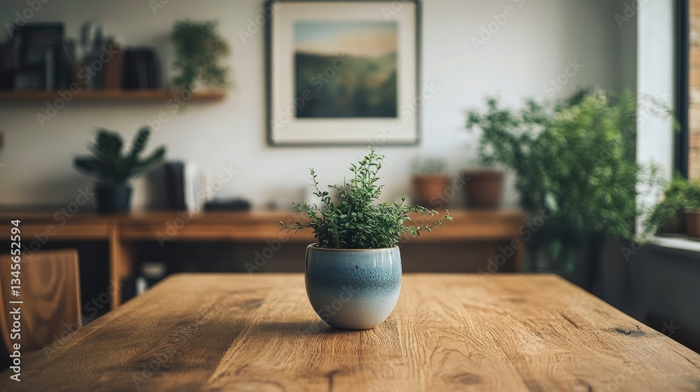 Fototapeta premium Serene Home Office with Potted Plant on Wooden Table