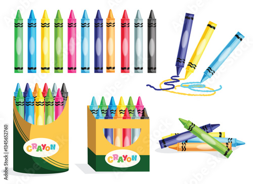 Crayons colorful clipart set. Wax crayons art school elements clip art color supplies for drawing, marker, artistic material and paint tool collection vector illustration. 
