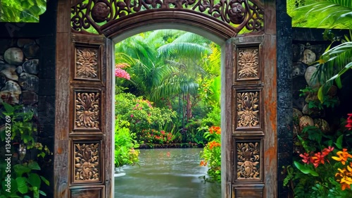 Enchanting secret garden with decorative wooden gate and lush vegetation