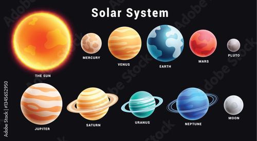 Solar system planets clipart set. Colorful planets in outer space solar system clip art collection for science astronomy chart in black background vector illustration. 
