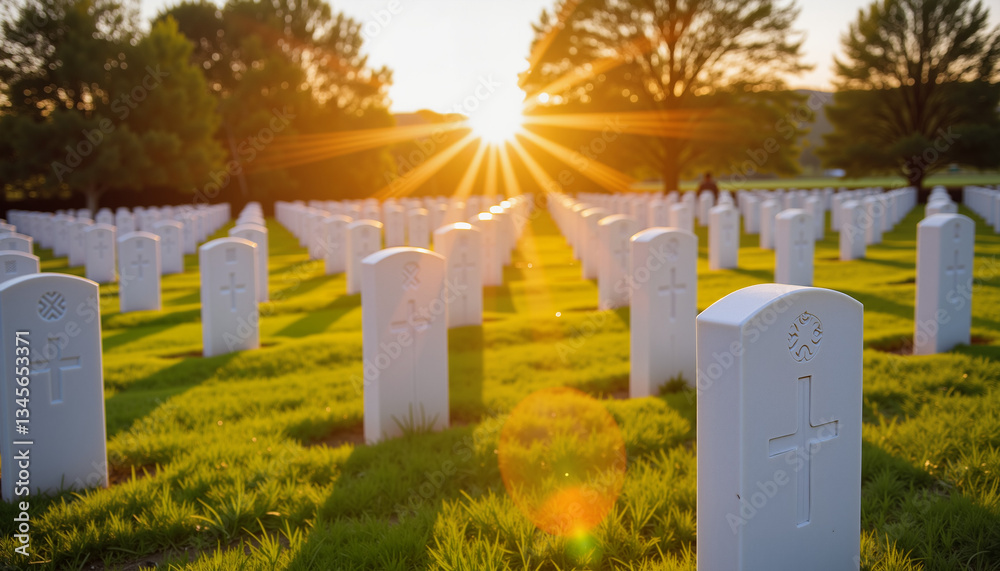Serene cemetery at sunset with rows of white gravestones Serene cemetery at sunset with rows of white gravestones