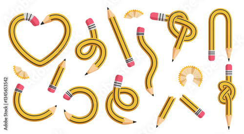 Pencil yellow elements clipart set. Pen writing school items clip art in curved, spiral, tie and broken style in wood yellow material collection vector illustration. 
