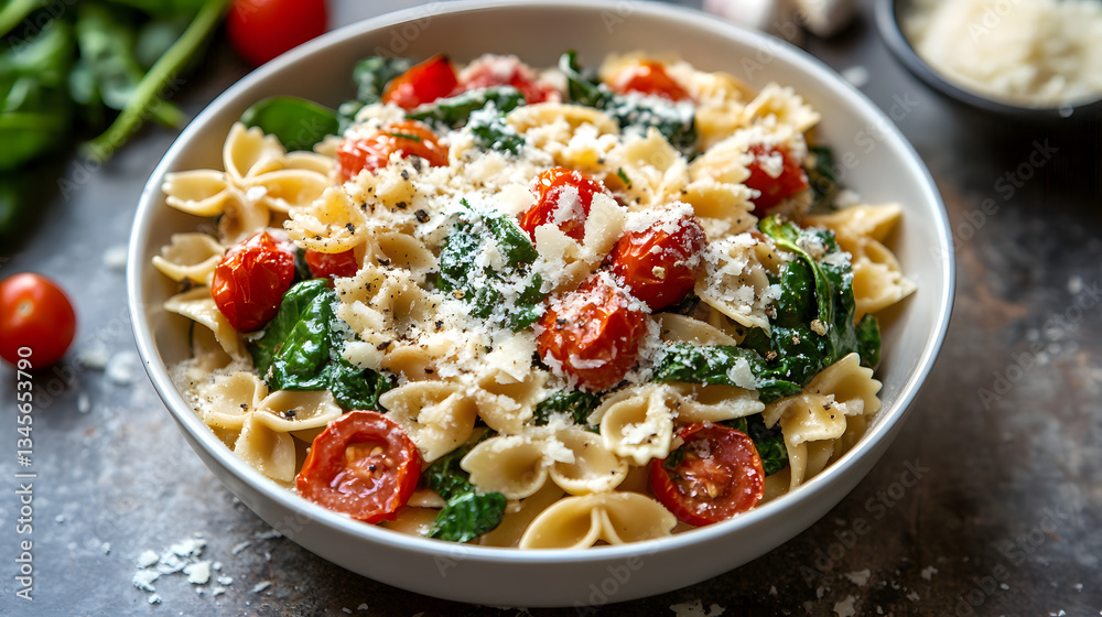 A spinach and roasted tomato pasta with garlic and parmesan cheese. A spinach and roasted tomato pasta with garlic and parmesan cheese.