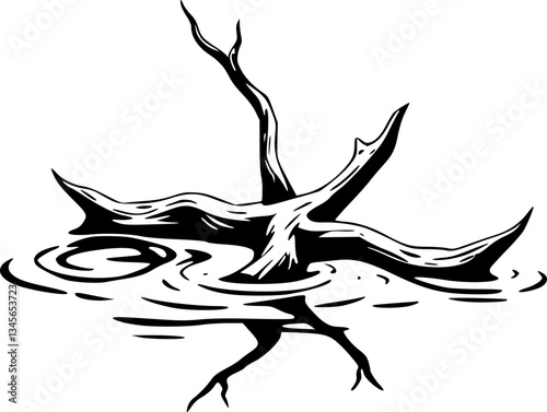 Driftwood floating in water black and white minimalist nature art monochrome sea wood texture ocean abstract driftwood floating water illustration