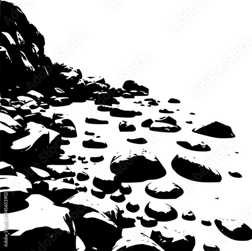 Rocky beach with tide pools monochrome black and white detailed natural shoreline coastal landscape illustration art design graphic