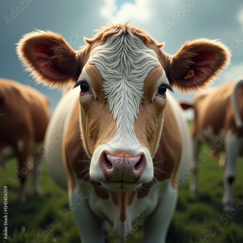 A cow in a field, looking directly at the camera