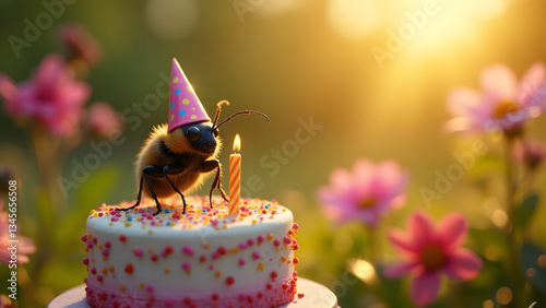 Joyful bombardier beetle in a party hat celebrates a birthday with a sprinkle-decorated cake, lit candles, and a vibrant garden backdrop, creating a whimsical and festive vibe.