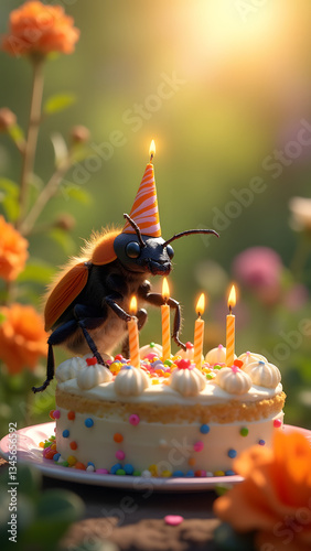 Joyful bombardier beetle in a party hat celebrates a birthday with a sprinkle-decorated cake, lit candles, and a vibrant garden backdrop, creating a whimsical and festive vibe.