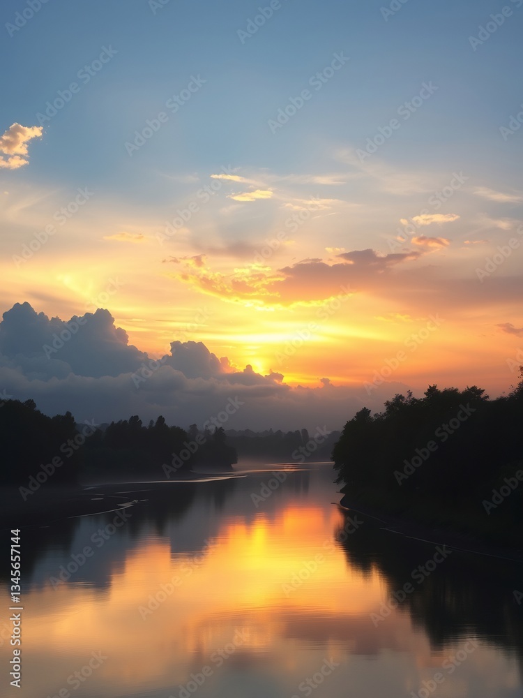 Obraz premium Serene Sunset River Reflection Warm Golden Light. AI Generated