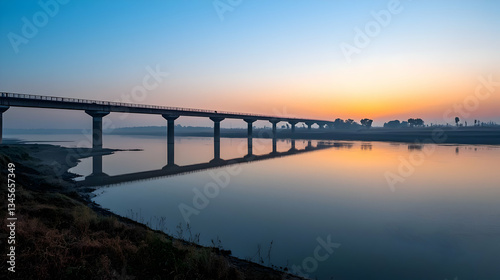 Wallpaper Mural Elevated Bridge Over Tranquil River Reflecting Sunset Sky At Dusk With Golden Light and Blue Hues Torontodigital.ca