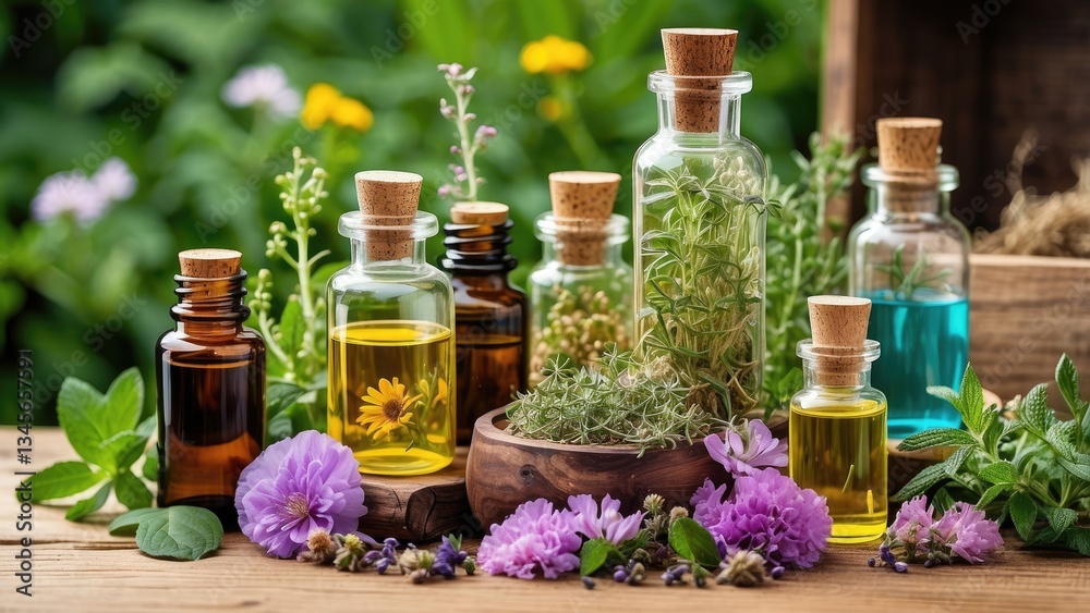 A rustic wooden table displays an assortment of herbal ingredients and glass bottles. A rustic wooden table displays an assortment of herbal ingredients and glass bottles.
