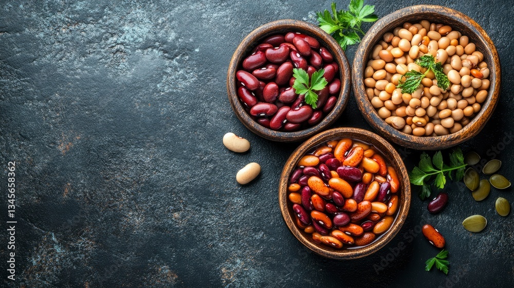 Fototapeta premium Assortment of Beans in Wooden Bowls on Dark Background