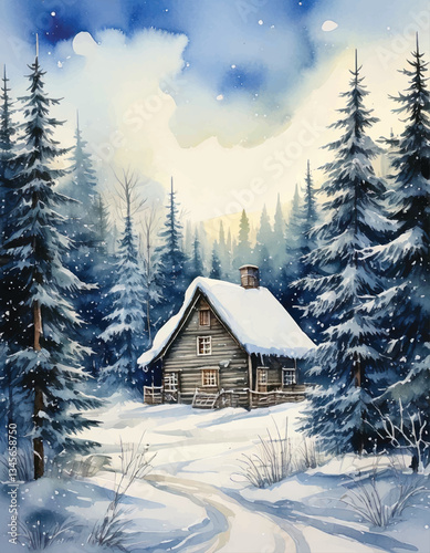 A snowy portrait watercolor with a cabin in the middle.