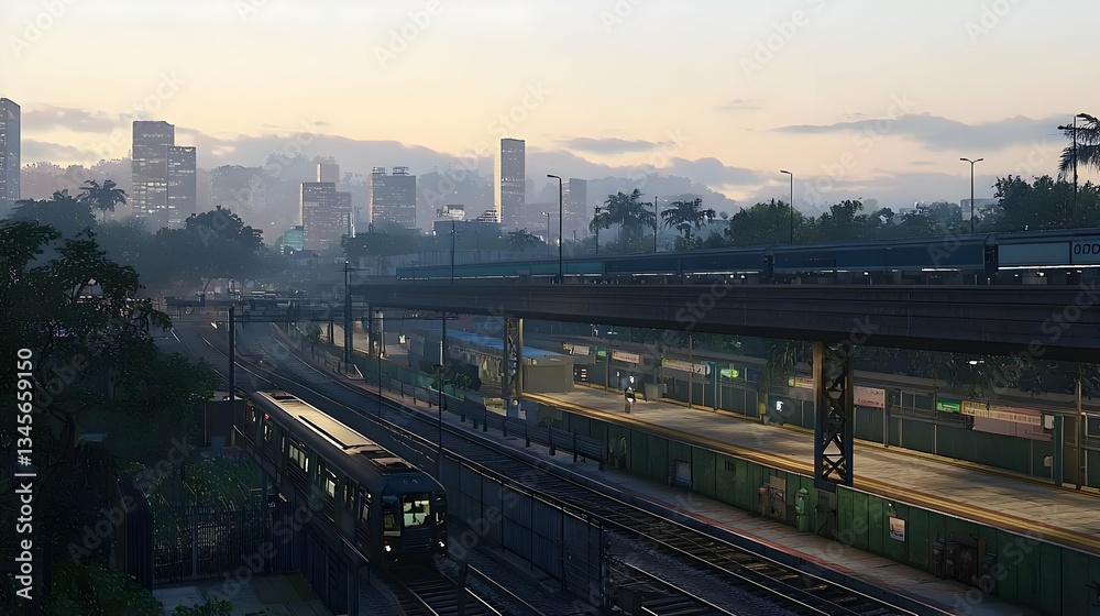 Fototapeta premium Urban Train Tracks At Sunrise In Cityscape