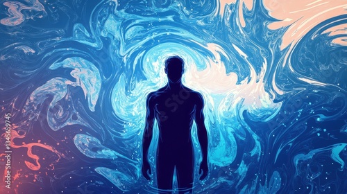 Abstract Human Figure Within Swirling Blue and Pink Hues