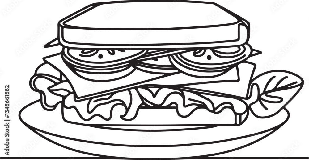 Elegant Line Drawing of Sandwich Served on Plate