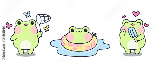 Kawaii cartoon frog set. Cute green frogs with big eyes, pink cheeks, rounded shapes - holding butterfly net, swimming with inflatable ring in pond water, eating ice cream. Adorable animal character.